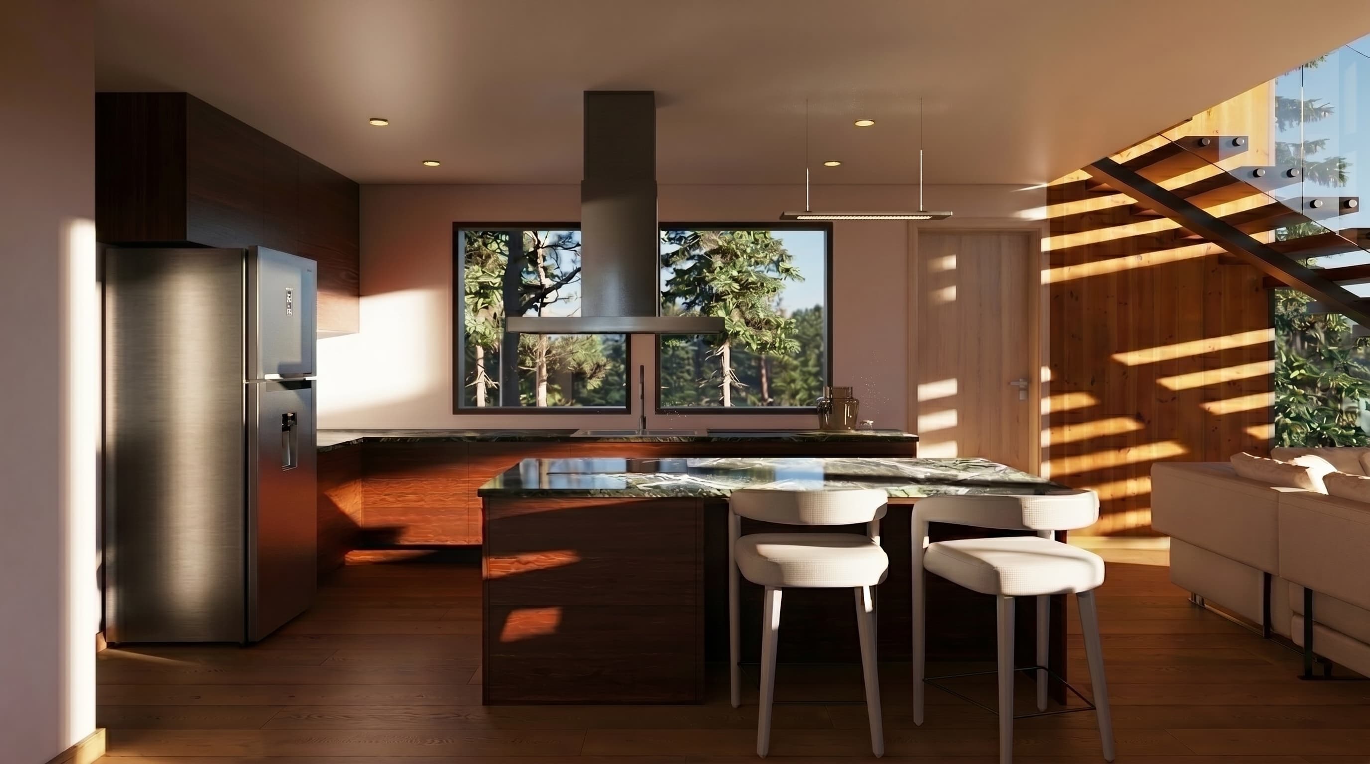 Kitchen interior render, mountain view